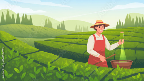 Farmer in red apron harvesting tea leaves in lush green tea plantation field with basket