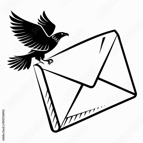Vector illustration of raven bird flying out of envelope