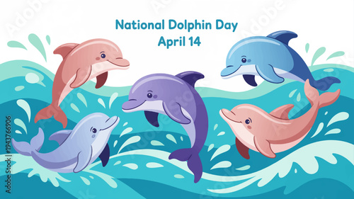 Dolphins swimming together in ocean waves on national dolphin day april 14th celebration