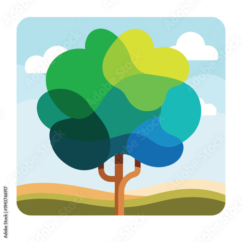 A stylized tree with layered, colorful leaves, set in a landscape