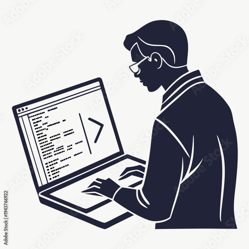 Vector illustration of a man coding on a laptop, programming concept