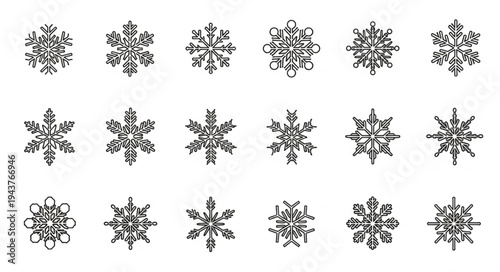 Collection of Various Snowflake Designs in Black and White.
