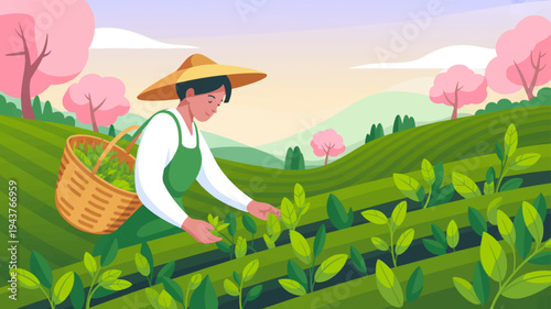 Asian farmer in hat harvesting tea leaves in lush green field with pink blossoms