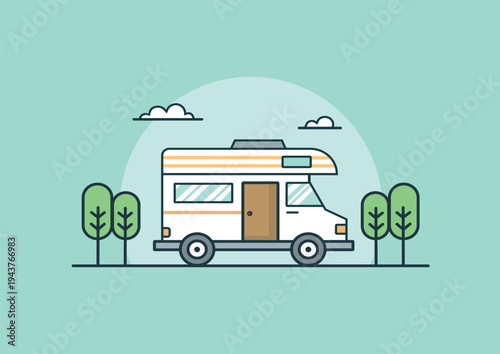 Flat vector illustration of a white motorhome with orange stripes parked among green trees. Minimalist camping and road trip concept with a blue sky circle background. Simple travel lifestyle design.