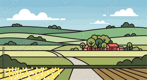 A stylized vector illustration of a scenic countryside landscape