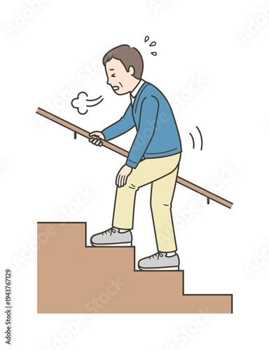 階段を辛そうにため息をつきながら上るミドル世代のイラスト
