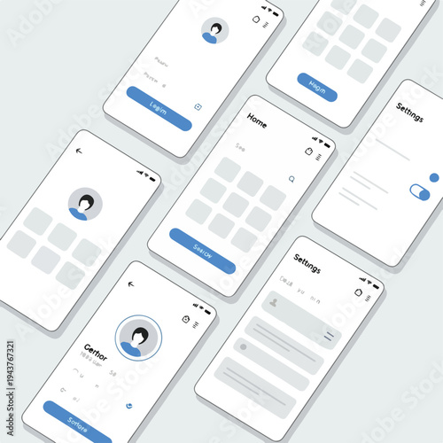 A stylized vector illustration of phone mockups with interface elements