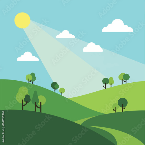 A sunny day scene with rolling hills, trees, and fluffy clouds