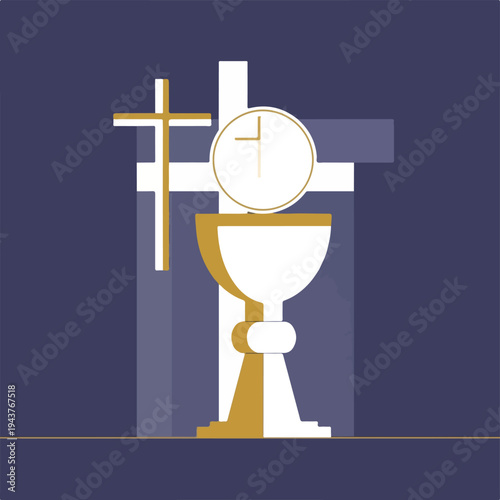 A symbolic illustration with a cross, chalice, and round host