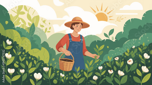 Farmer in a lush green field with white flowers harvesting crops under sunny skies