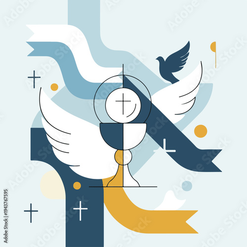 A symbolic illustration with religious motifs chalice, dove, and crosses