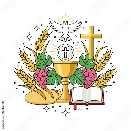 A symbolic illustration with religious elements in a colorful, cartoon style