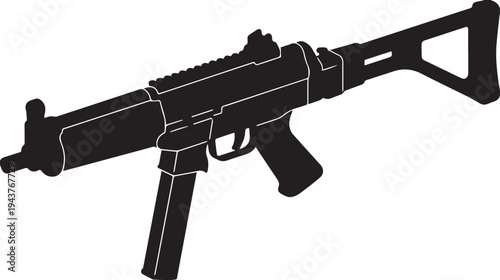 Black and white vector illustration of an assault rifle firearm weapon isolated military style gun with trigger barrel and ammunition