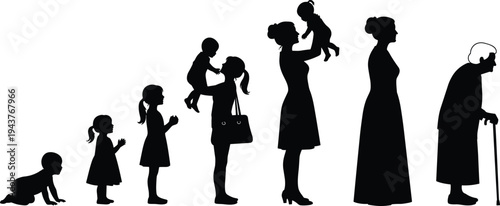 Female life stages silhouette from baby to elderly woman isolated on white background, motherhood, aging, family care, and human life cycle concept