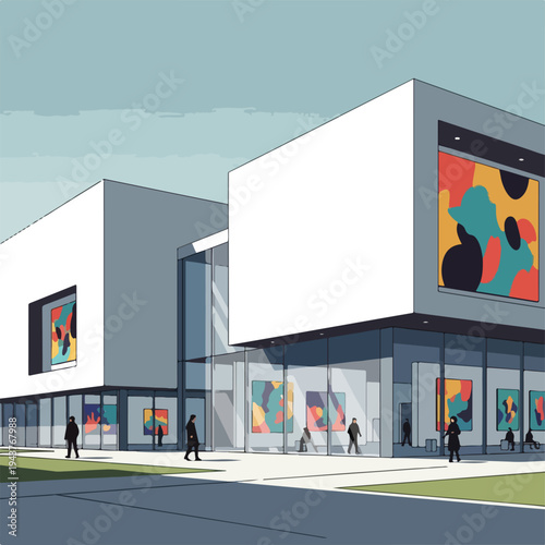 A modern art gallery with abstract paintings, people, and architecture