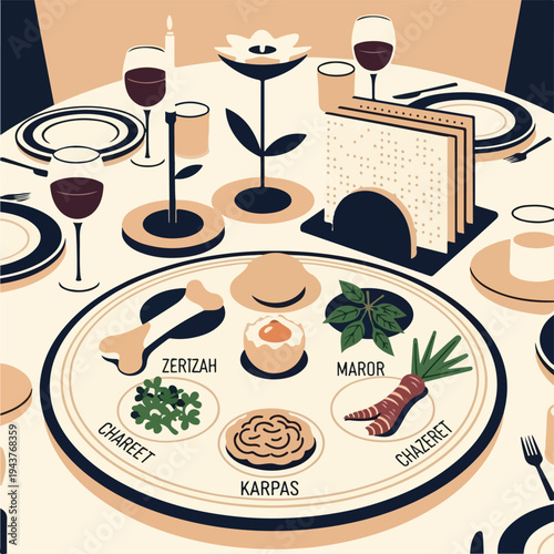 A table setting with a round plate featuring symbolic foods, wine, and candles