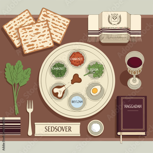 A table setting for a ritual meal, featuring various symbolic foods