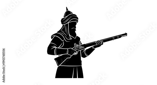 Silhouette of a historical soldier with a rifle, ancient warrior, military history, vintage weapon
