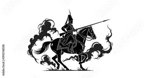 Silhouette of a Hussar Soldier on Horseback with Spear and Smoke