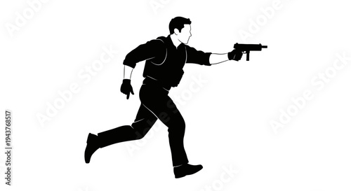 Silhouette of a man running and shooting a gun, dynamic action pose, black and white