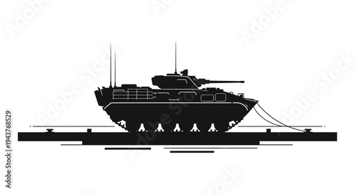 Silhouette of a military tank on a railway track, vector illustration