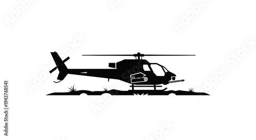 Silhouette of a military attack helicopter in flight, armed and ready for action.