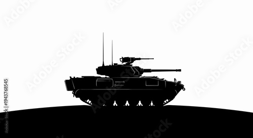 Silhouette of a modern military tank on a hill against a white background