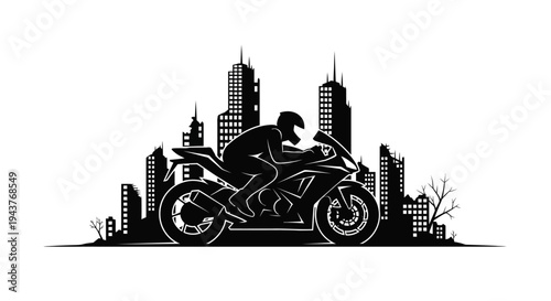 Silhouette of a motorcycle rider in a city skyline, dynamic urban transport concept