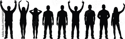 People silhouettes expressing emotions with raised arms and varied body language isolated on white background, celebration, stress, freedom, and lifestyle concepts