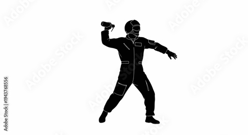 Silhouette of a person in a jumpsuit throwing a grenade, isolated on white background