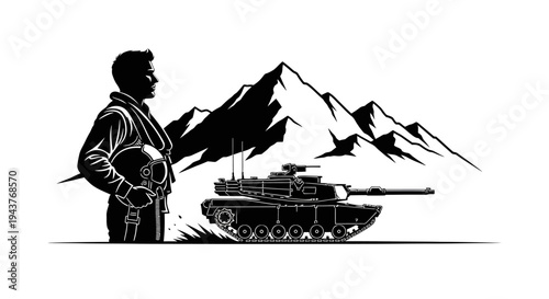 Silhouette of a Pilot and Tank in Mountains, Military Power and Adventure Concept