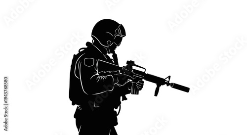 Silhouette of a soldier in tactical gear holding a rifle, ready for action, isolated on white.