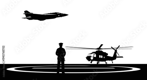 Silhouette of Pilot, Helicopter, and Jet Plane on Helipad