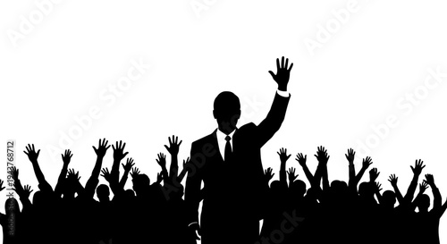 Silhouette of Politician or Leader Waving to Cheering Crowd at Rally or Event