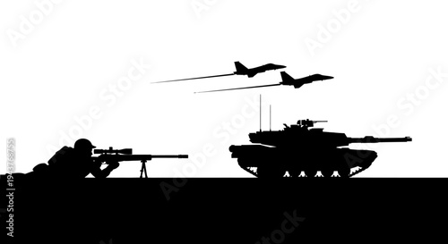 Silhouette of Sniper, Tank, and Fighter Jets in Combat Formation