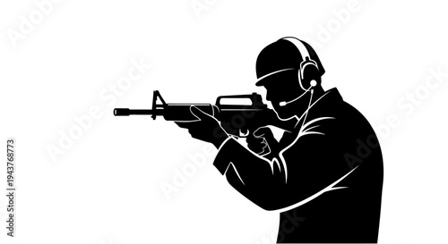 Silhouette of Soldier Aiming Rifle with Headset, Military Action, Combat Ready