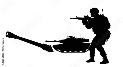 Silhouette of Soldier Aiming Rifle Near Tank Cannon