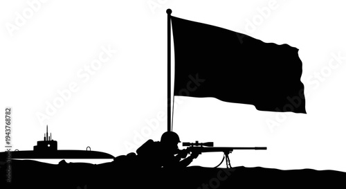 Silhouette of Sniper Aiming Rifle Near Flag and Submarine on Coastline