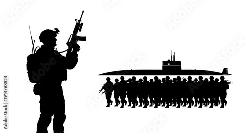 Silhouette of soldier with rifle guarding a submarine and marching soldiers