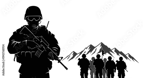 Silhouette of Soldier with Rifle and Military Team Marching Towards Mountains