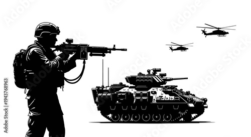 Silhouette of Soldier with Rifle, Tank, and Helicopters in Combat Formation