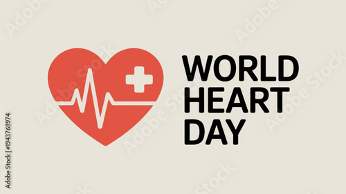 World heart day logo with a red heart and white ecg line on a beige background