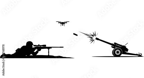 Silhouette of soldier with sniper rifle and artillery firing, drone overhead, modern warfare concept