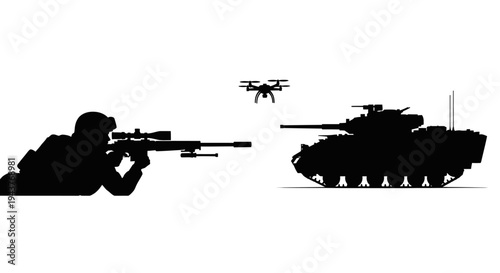 Silhouette of Soldier with Sniper Rifle, Drone, and Tank - Modern Warfare Concept