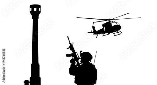 Silhouette of Soldier, Helicopter, and Tower: Military Operation, Surveillance, and Defense