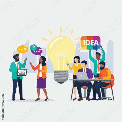 A team brainstorms around a glowing lightbulb for ideas