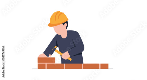 Skilled construction worker wearing a hardhat carefully laying bricks to build a wall on a building site.