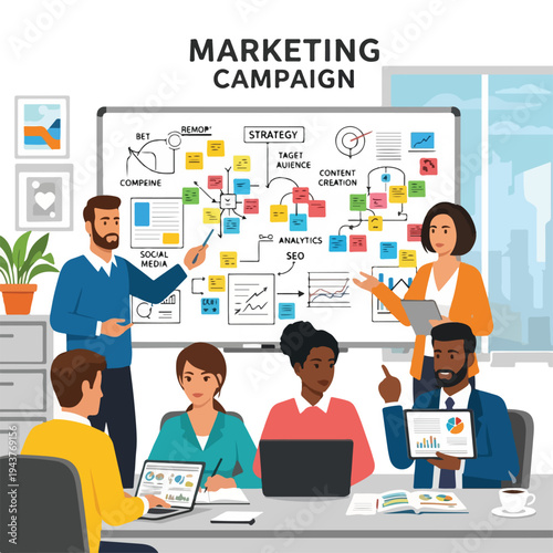 A team brainstorms in an office, planning a marketing strategy on a whiteboard