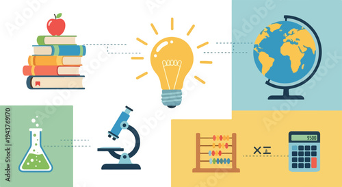 A set of icons, including an apple on books, lightbulb, and globe