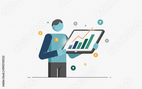 Strategic Digital Financial Analysis for Business Growth A stylized person examines market trends on a tablet, symbolizing smart investment decisions and economic foresight